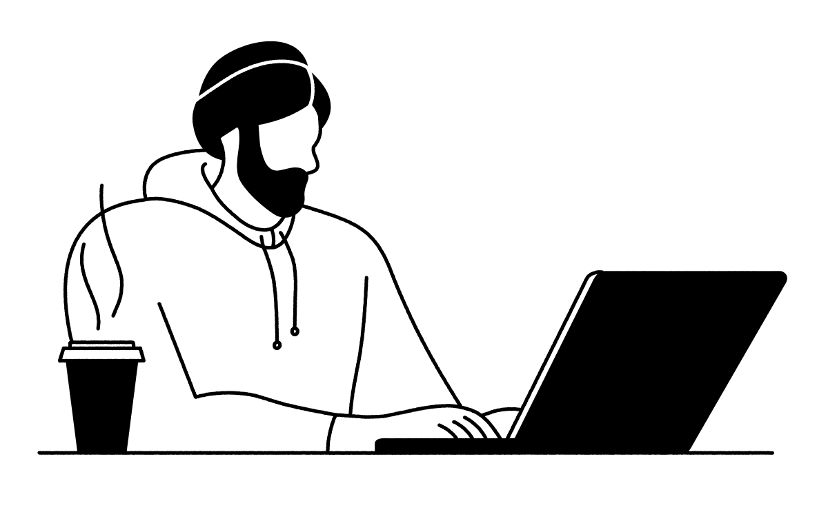 line illustration of a young man in a hoodie using his laptop