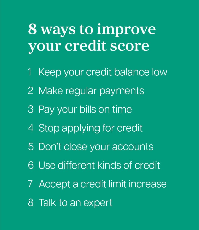 inforgraphic giving 8 specific ways to improve your credit score in Canada