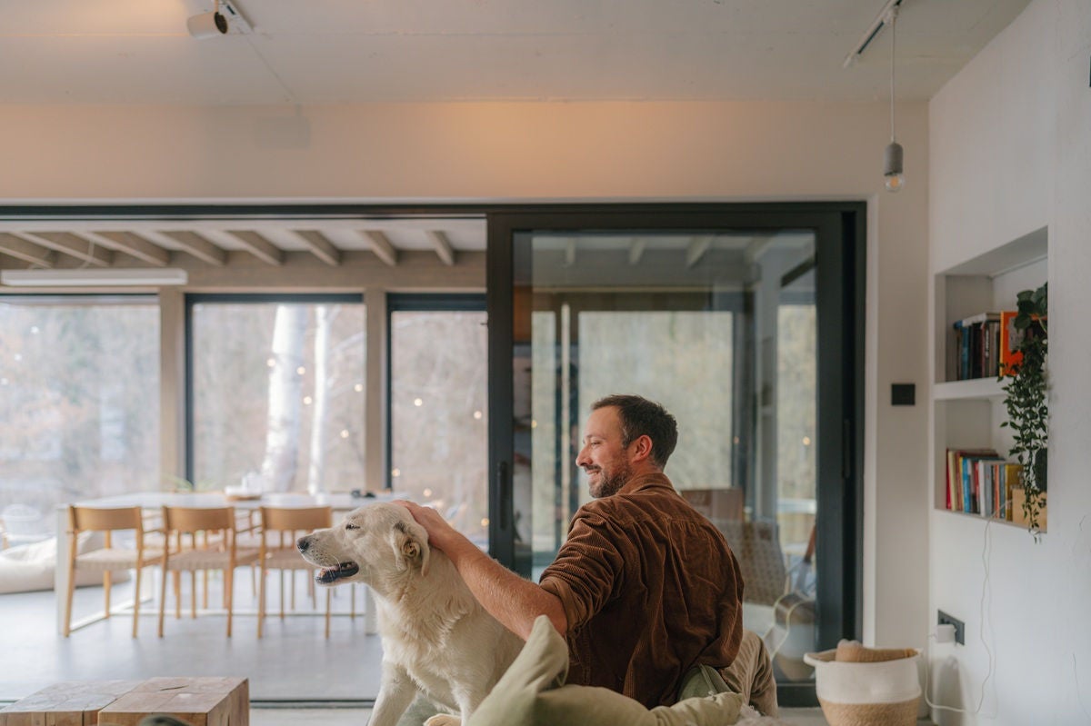 Person sitting on a sofa in a bright, modern living room, gently petting a large white dog, with a dining area and large windows visible in the background.